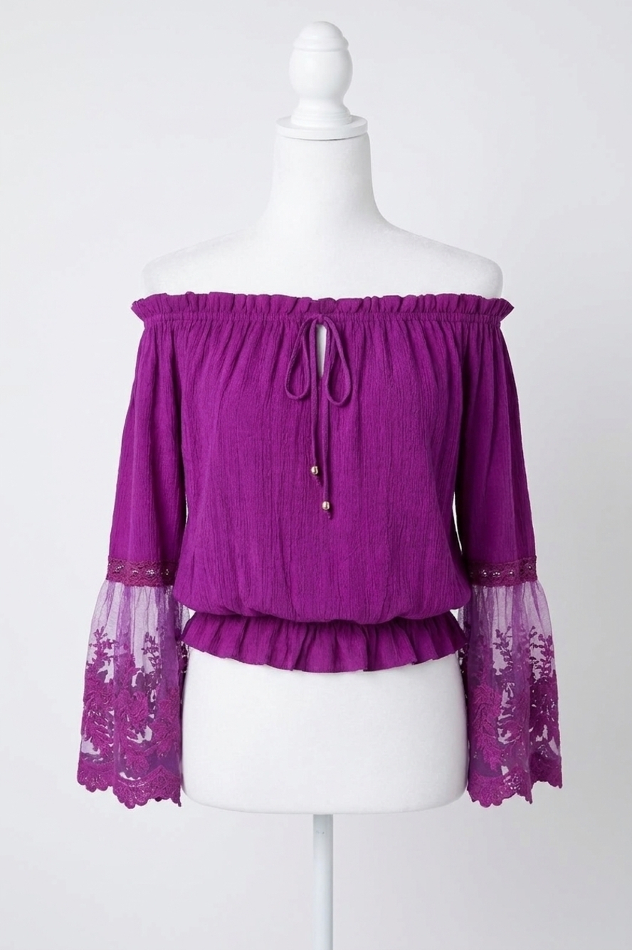 NEW BLUIVY bell sleeve off shoulder top in orchid magenta